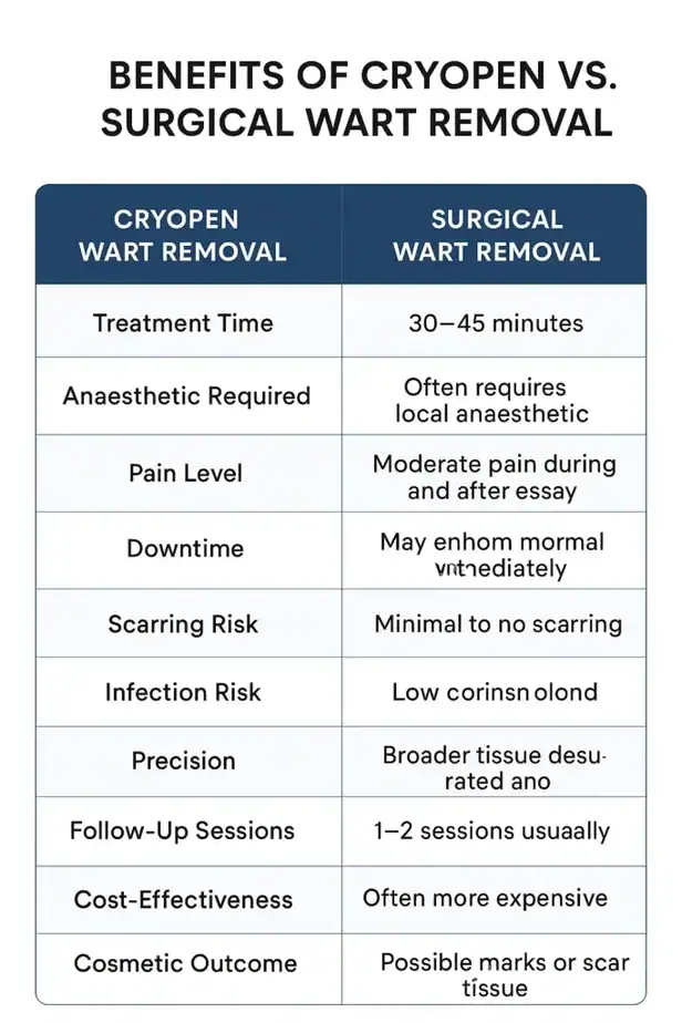 Table showing the benefits of cryopen to remove warts Rutland compared to surgical treatment